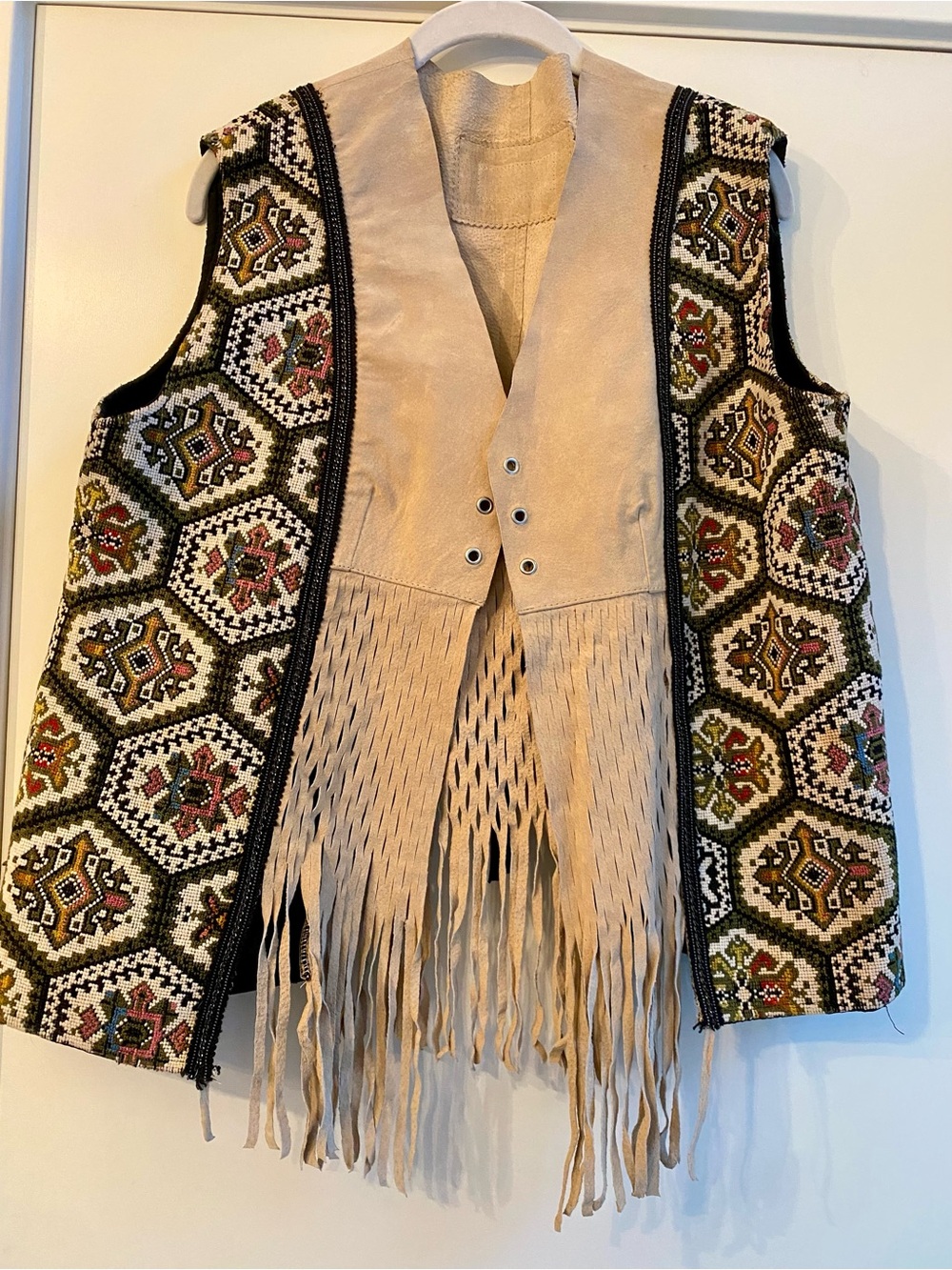 Beige Suede Fringe Vest with Embroidered Knit Panels